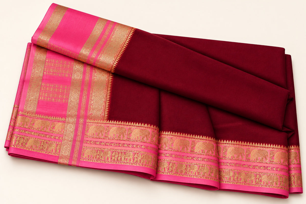 Burgundy Saree with Rani Pink Elephant Border – full view