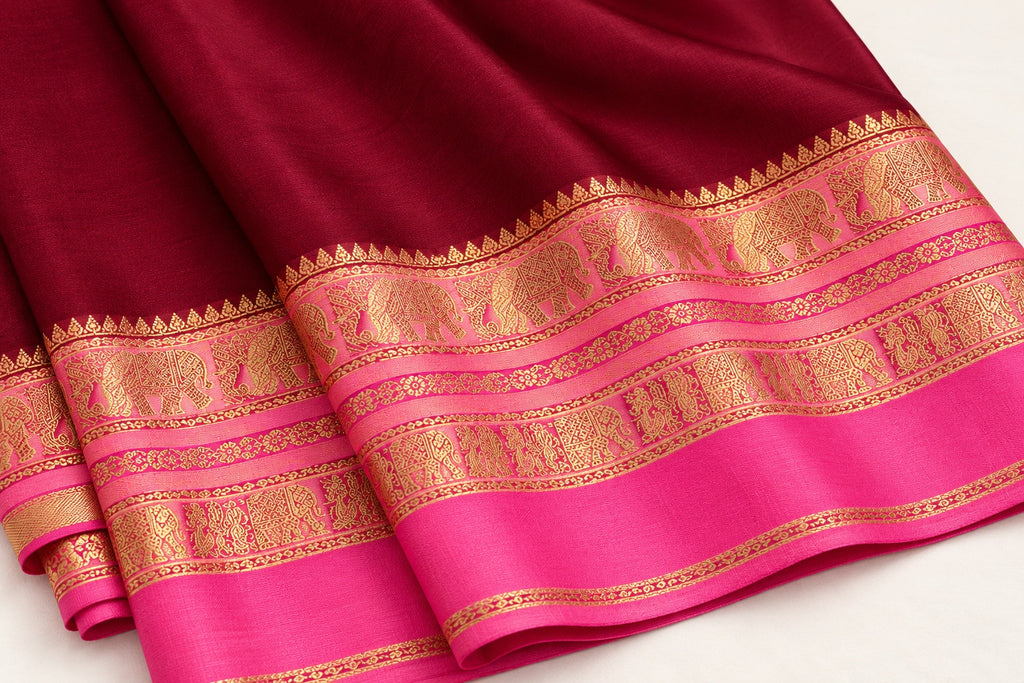 Burgundy Saree with Rani Pink Elephant Border – border and motif detail