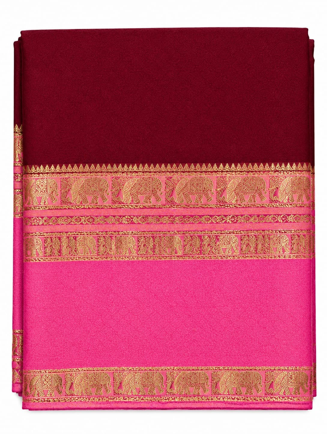 Burgundy Saree with Rani Pink Elephant Border – actual product photo