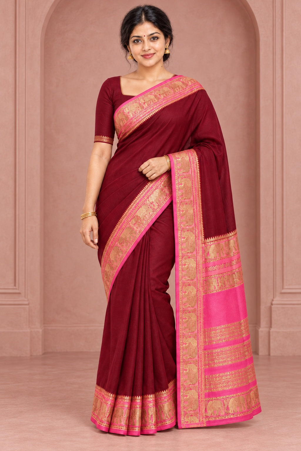Burgundy Saree with Rani Pink Elephant Border – styled model photo
