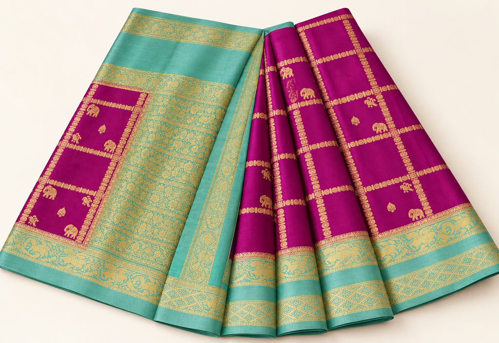 Magenta Checked Saree with Turquoise Elephant Border – full view