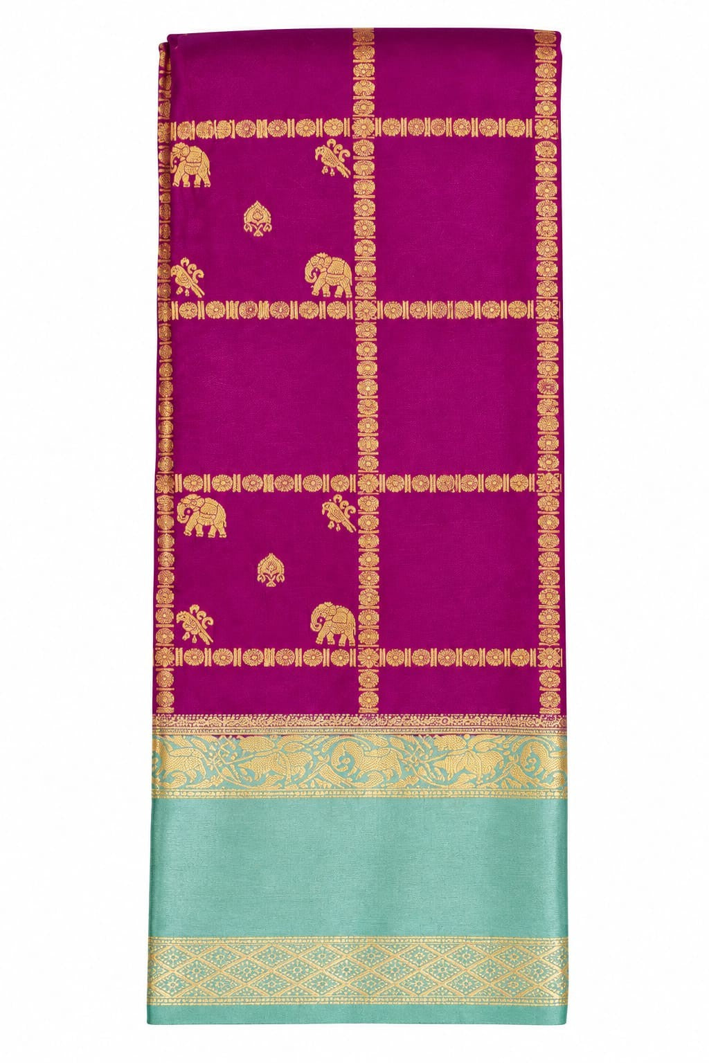 Magenta Checked Saree with Turquoise Elephant Border – actual product photo