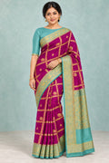 Magenta Checked Saree with Turquoise Elephant Border – corrected styled model photo
