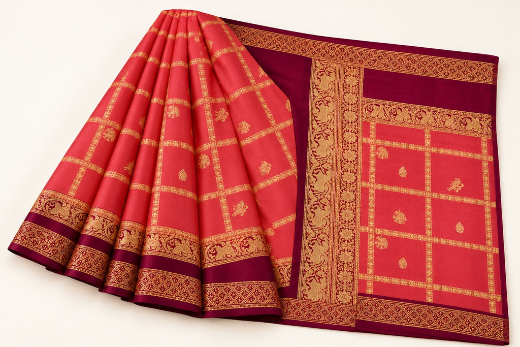 Coral Red Checked Saree with Burgundy Brocade Border – full view