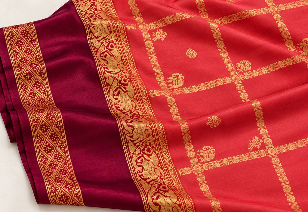 Coral Red Checked Saree with Burgundy Brocade Border – border and motif detail