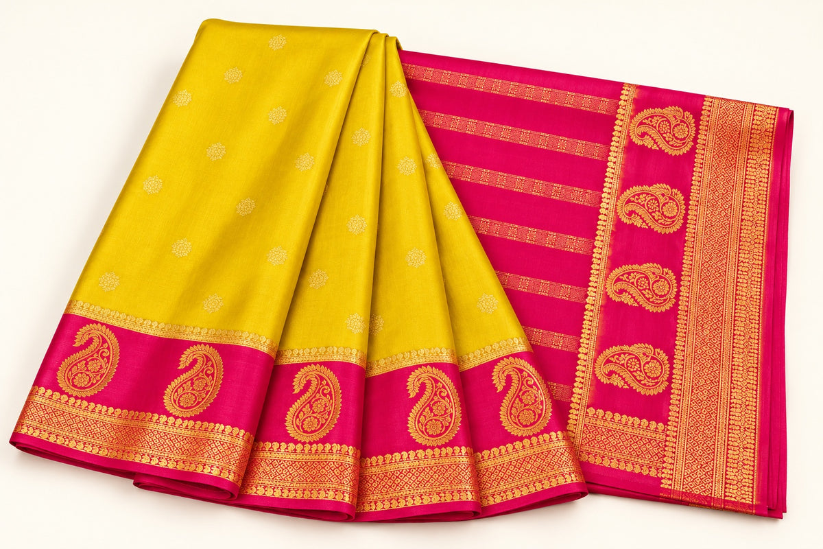 Yellow Saree with Hot Pink Paisley Border – full view