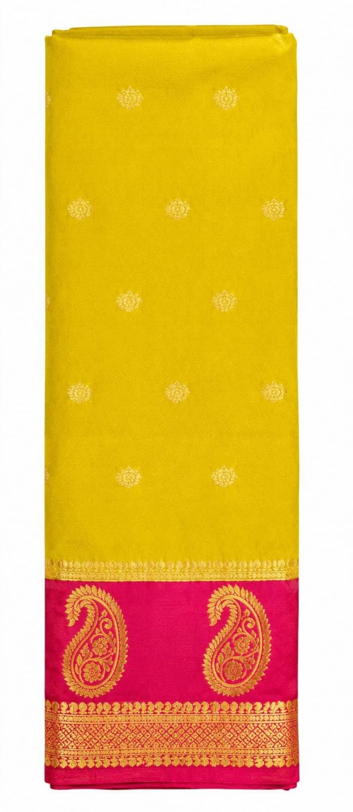 Yellow Saree with Hot Pink Paisley Border – actual product photo