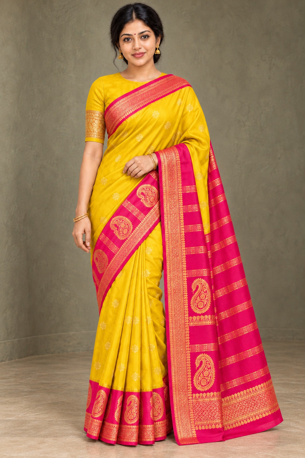 Yellow Saree with Hot Pink Paisley Border – styled model photo