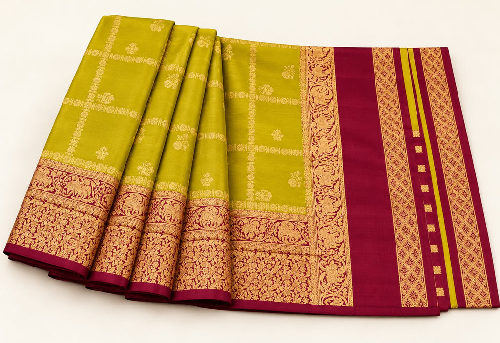 Chartreuse Checked Saree with Wine Brocade Border – full view