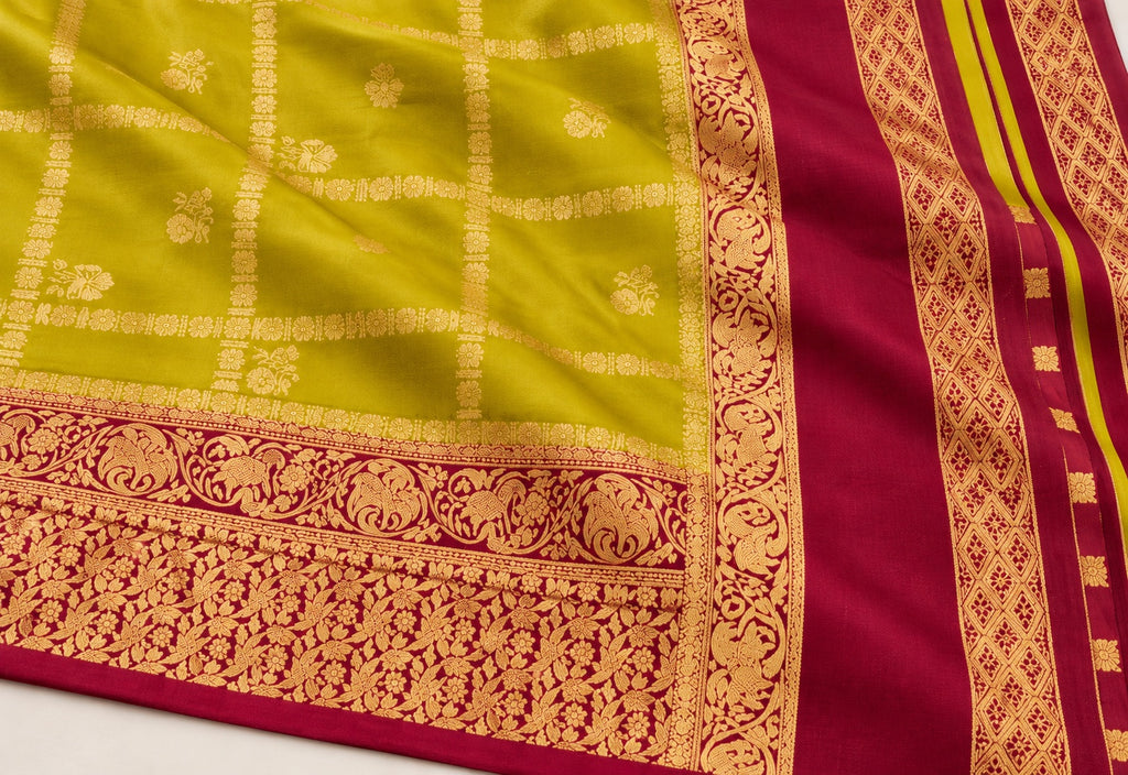 Chartreuse Checked Saree with Wine Brocade Border – border and motif detail