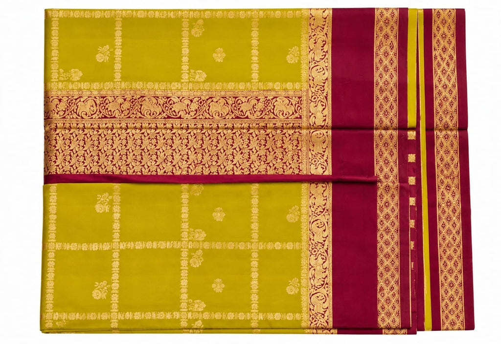 Chartreuse Checked Saree with Wine Brocade Border – actual product photo