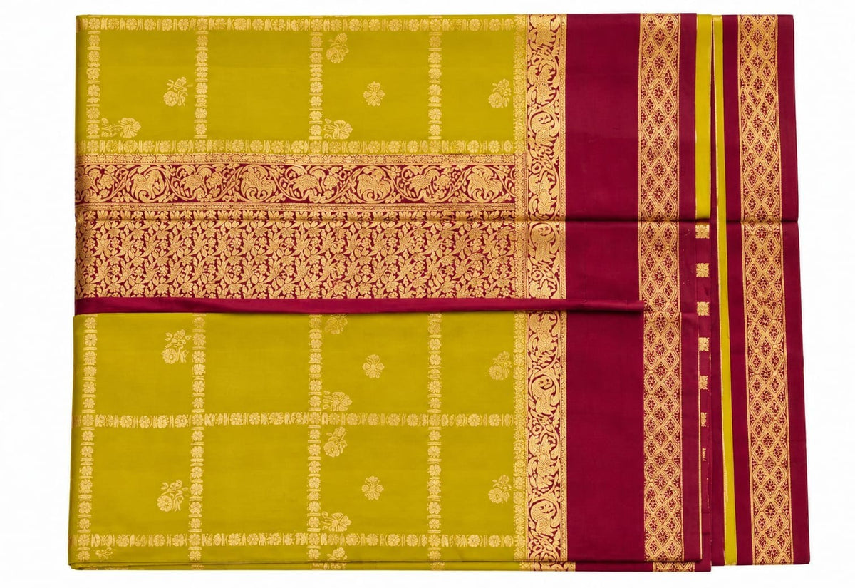Chartreuse Checked Saree with Wine Brocade Border – actual product photo