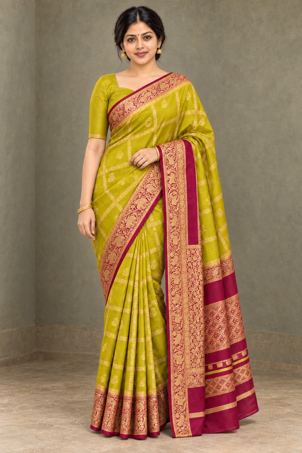 Chartreuse Checked Saree with Wine Brocade Border – styled model photo