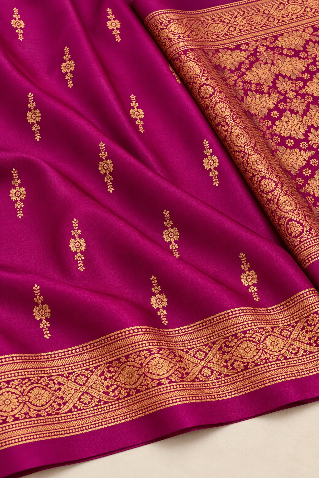 Fuchsia Purple Saree with Gold Brocade Pallu – border and motif detail