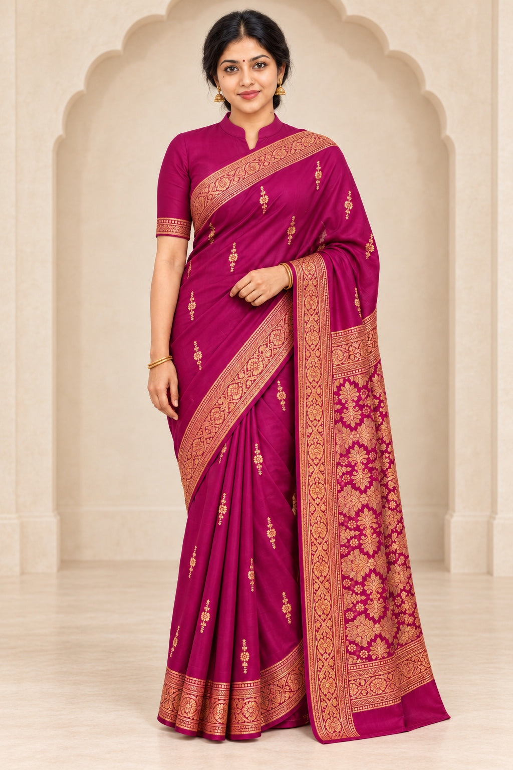 Fuchsia Purple Saree with Gold Brocade Pallu – styled model photo