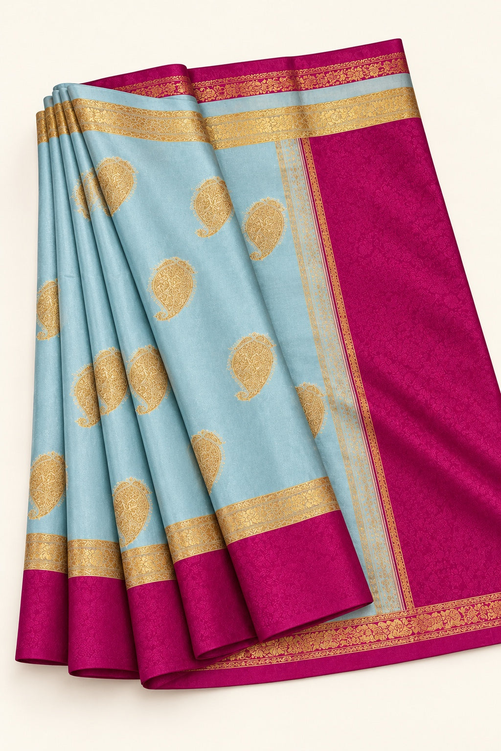 Sky Blue Paisley Saree with Magenta Border – full view