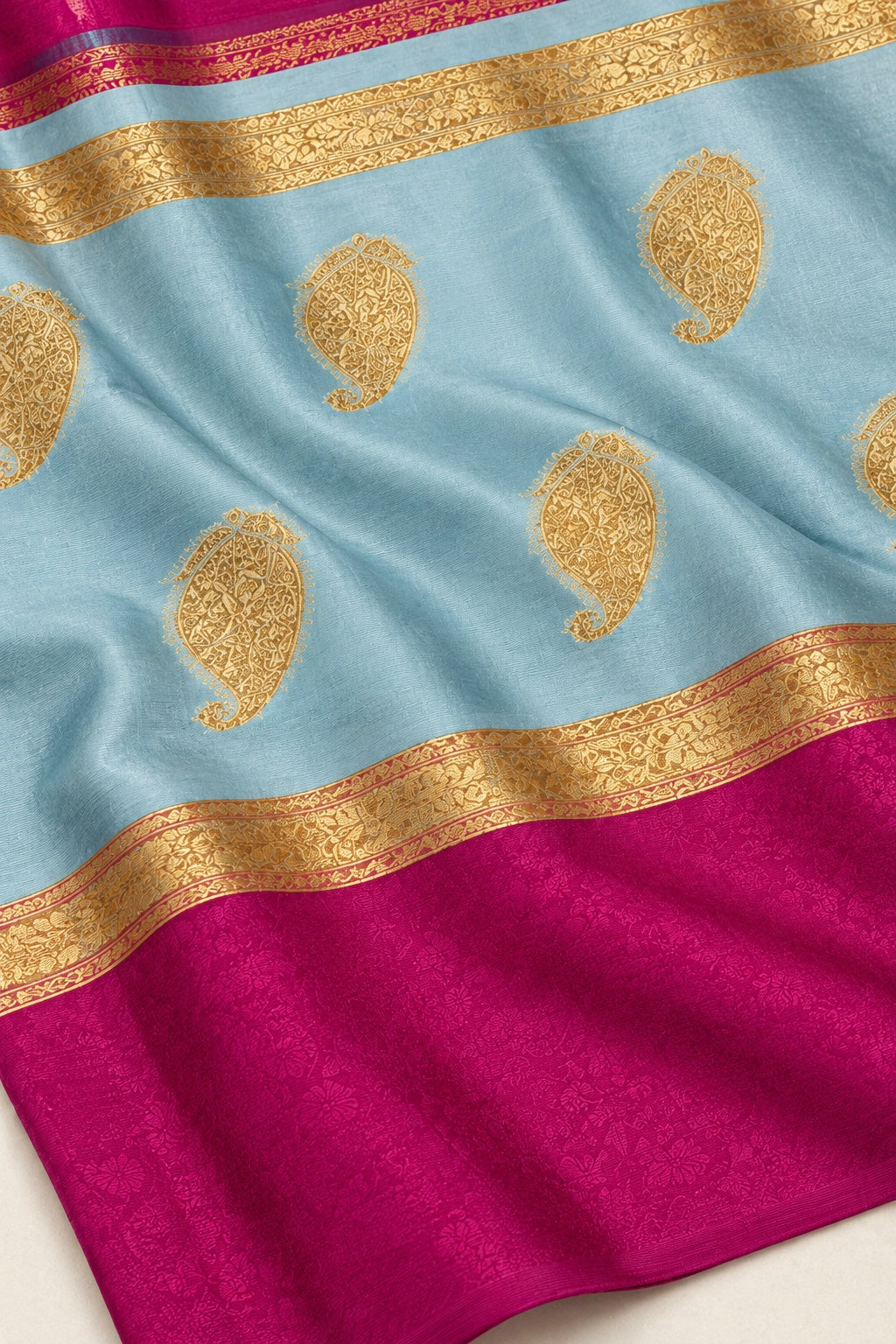 Sky Blue Paisley Saree with Magenta Border – border and motif detail