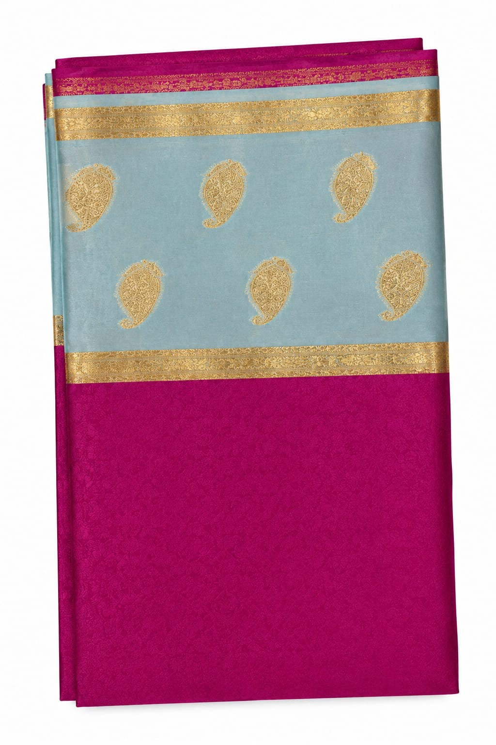 Sky Blue Paisley Saree with Magenta Border – actual product photo