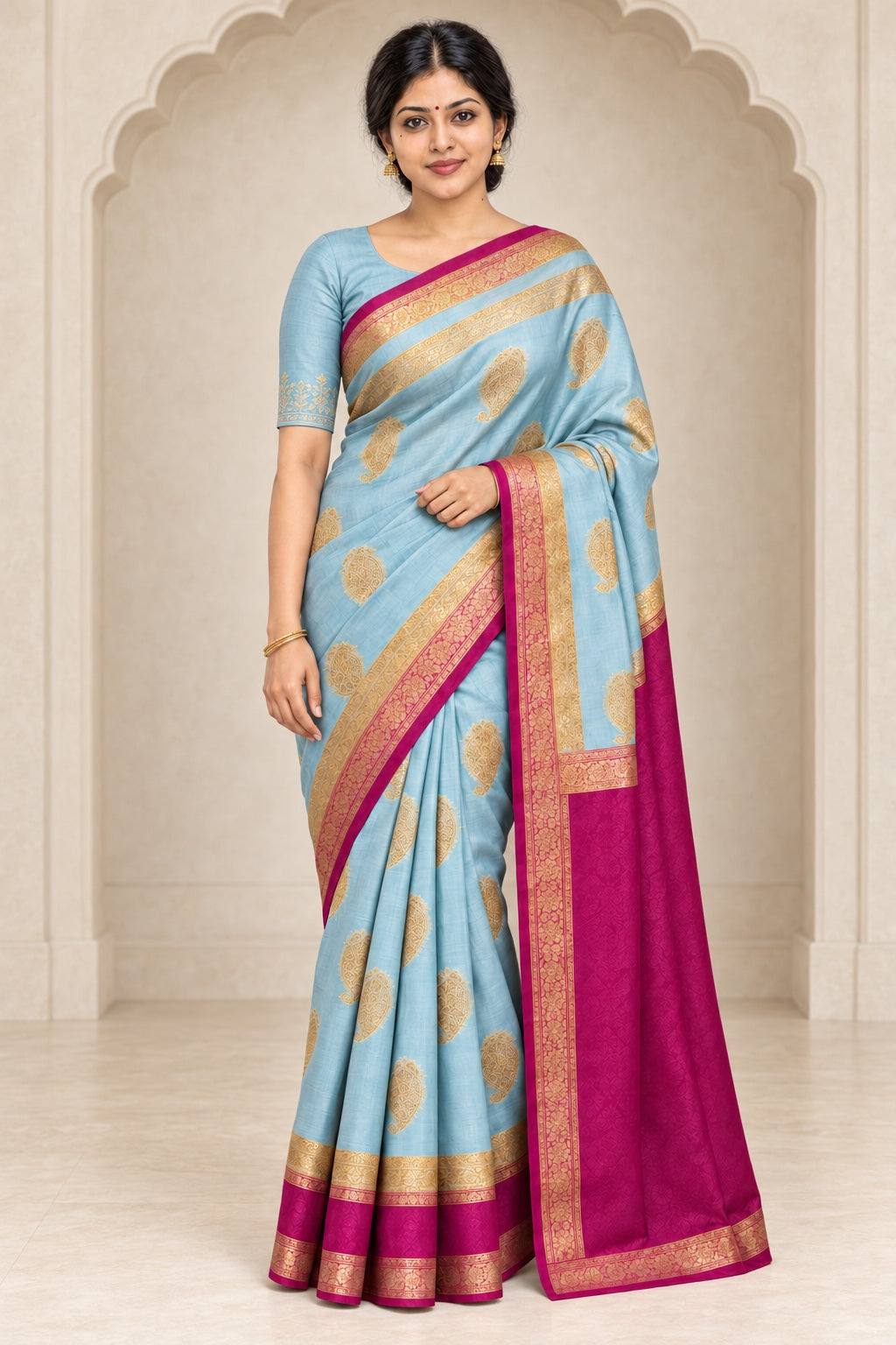 Sky Blue Paisley Saree with Magenta Border – styled model photo
