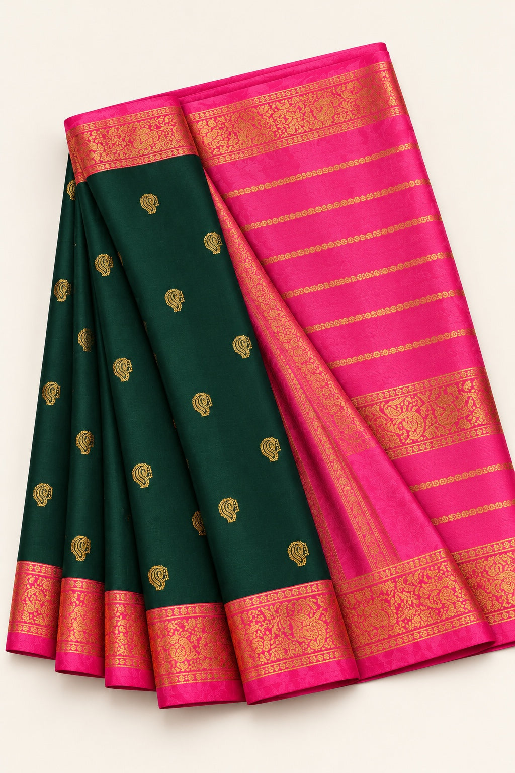 Bottle Green Paisley Saree with Hot Pink Border – full view