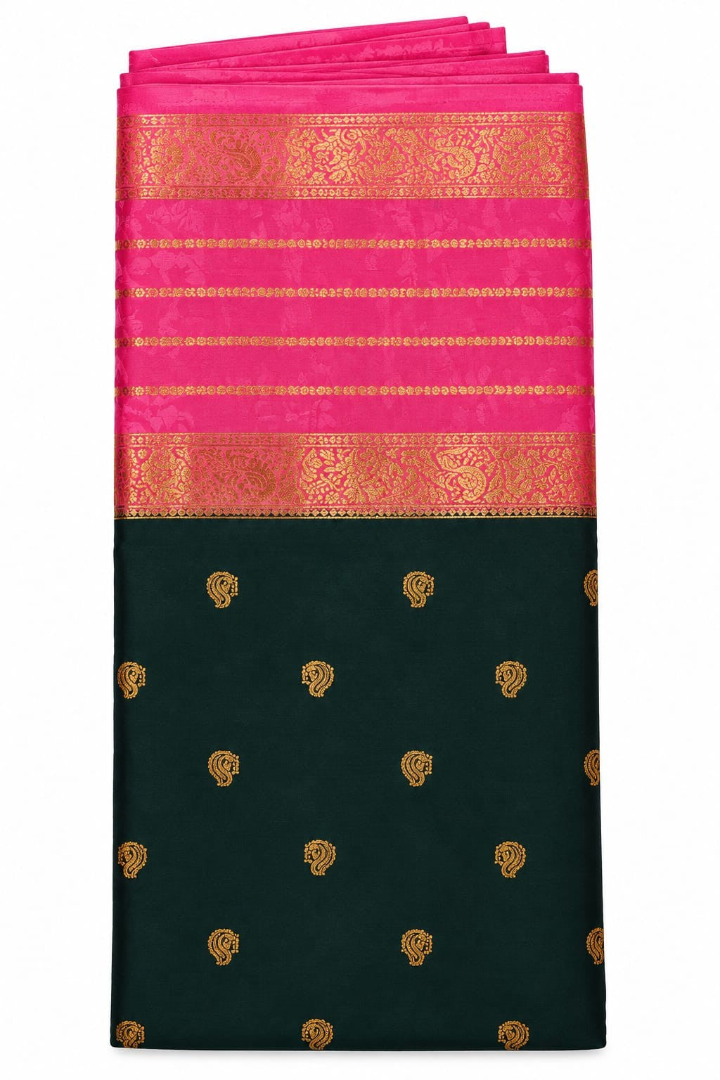 Bottle Green Paisley Saree with Hot Pink Border – actual product photo