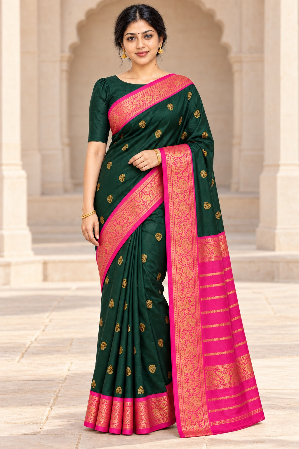 Bottle Green Paisley Saree with Hot Pink Border – styled model photo