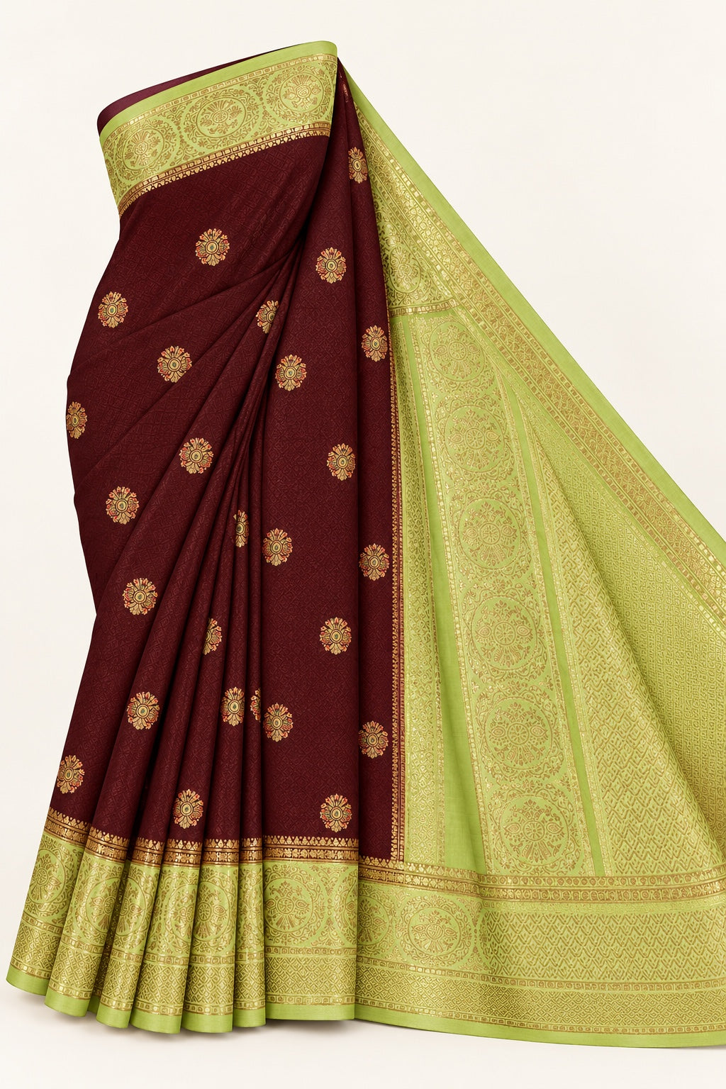 Oxblood Saree with Lime Green Medallion Border – full view