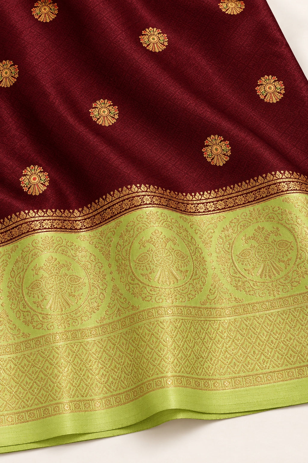 Oxblood Saree with Lime Green Medallion Border – border and motif detail