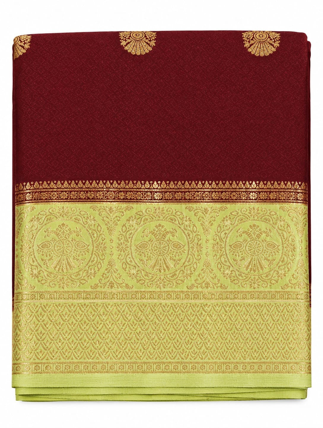 Oxblood Saree with Lime Green Medallion Border – actual product photo