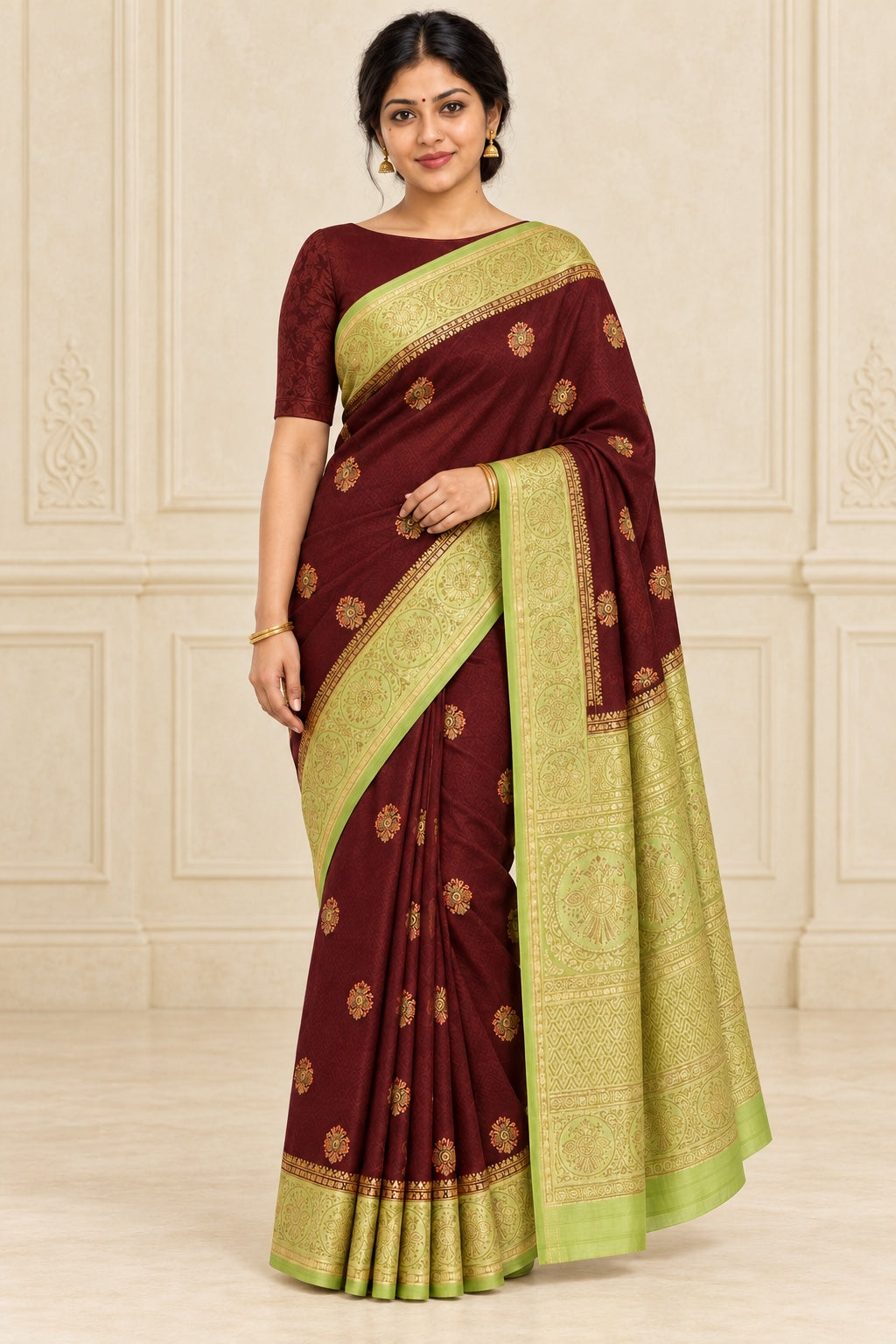 Oxblood Saree with Lime Green Medallion Border – styled model photo