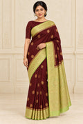 Oxblood Saree with Lime Green Medallion Border – styled model photo