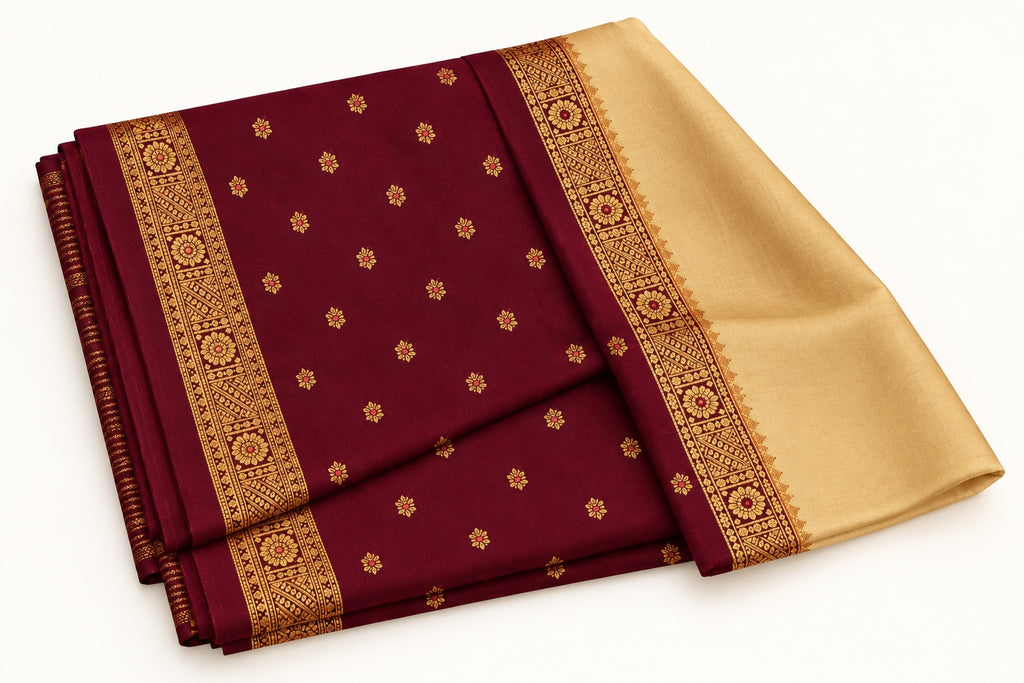 Deep Maroon Butti Saree with Cream-Gold Pallu – full view