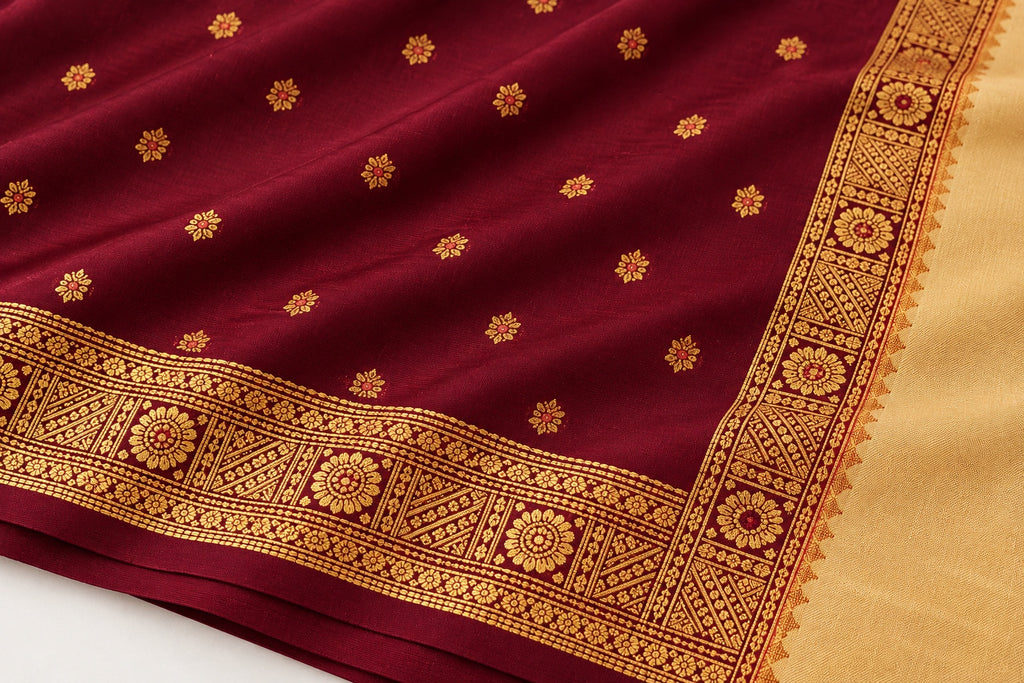 Deep Maroon Butti Saree with Cream-Gold Pallu – border and motif detail