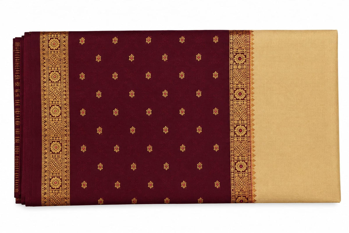 Deep Maroon Butti Saree with Cream-Gold Pallu – actual product photo