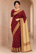 Deep Maroon Butti Saree with Cream-Gold Pallu – styled model photo