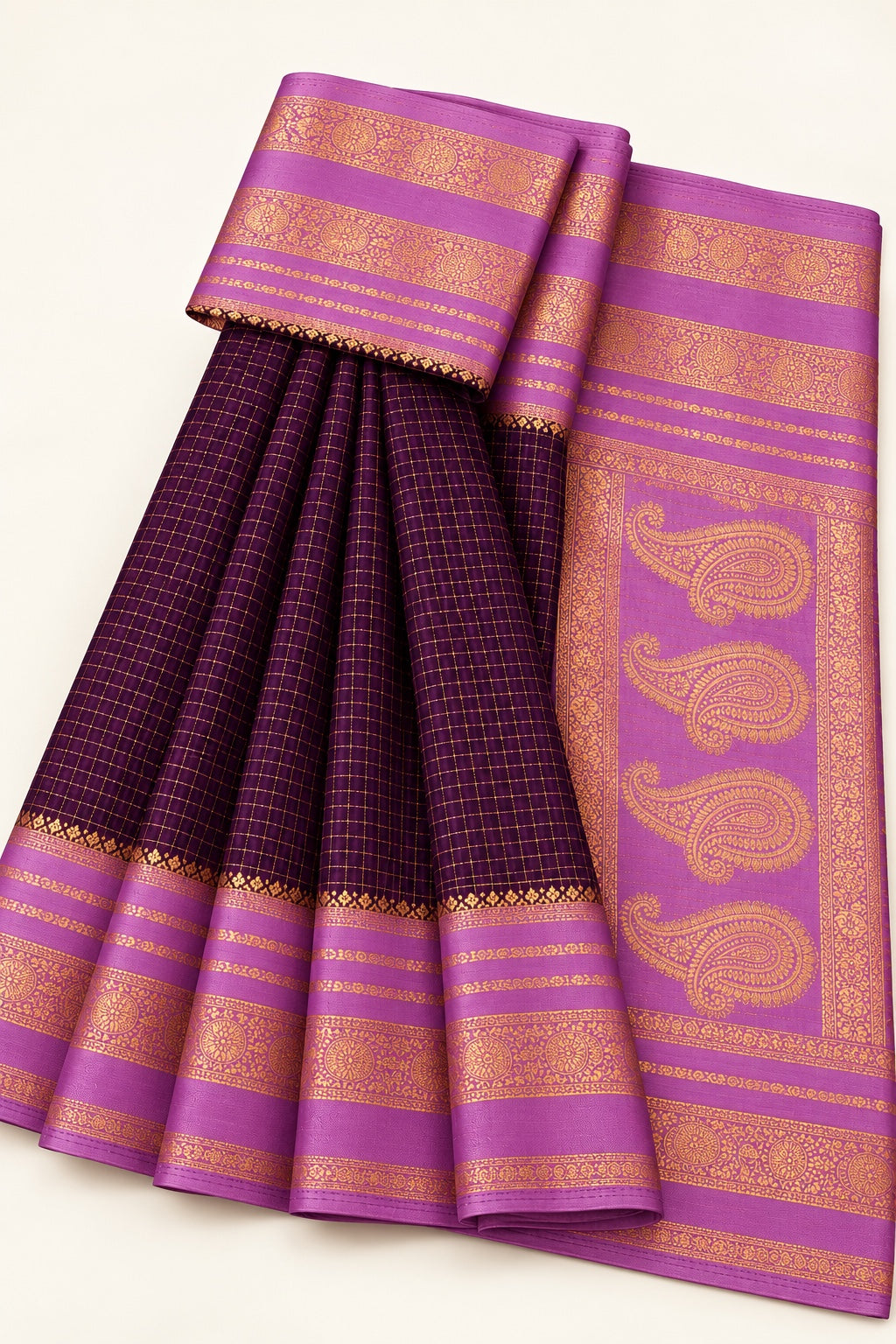 Deep Purple Checked Saree with Lavender Paisley Border – full view