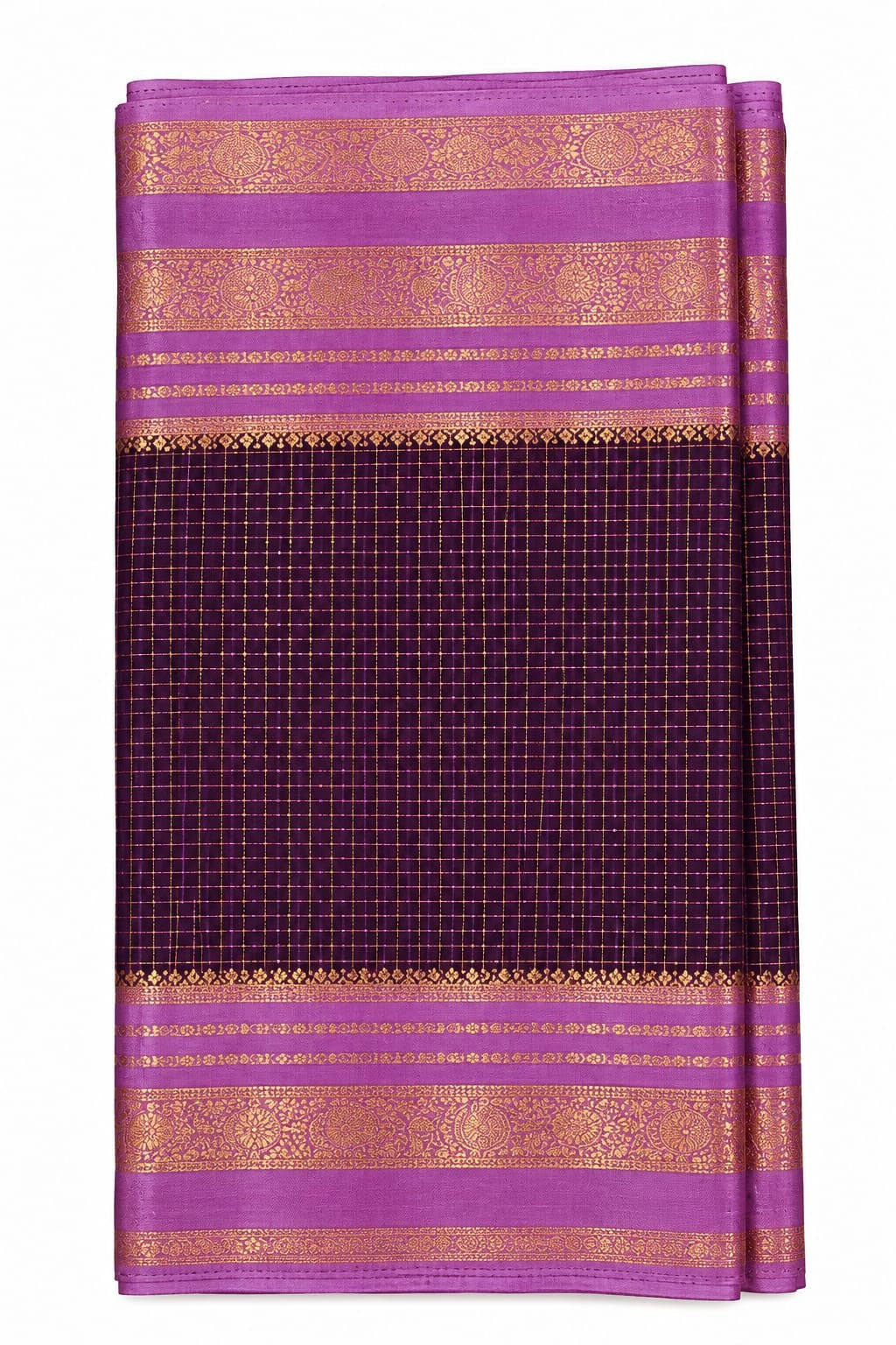 Deep Purple Checked Saree with Lavender Paisley Border – actual product photo