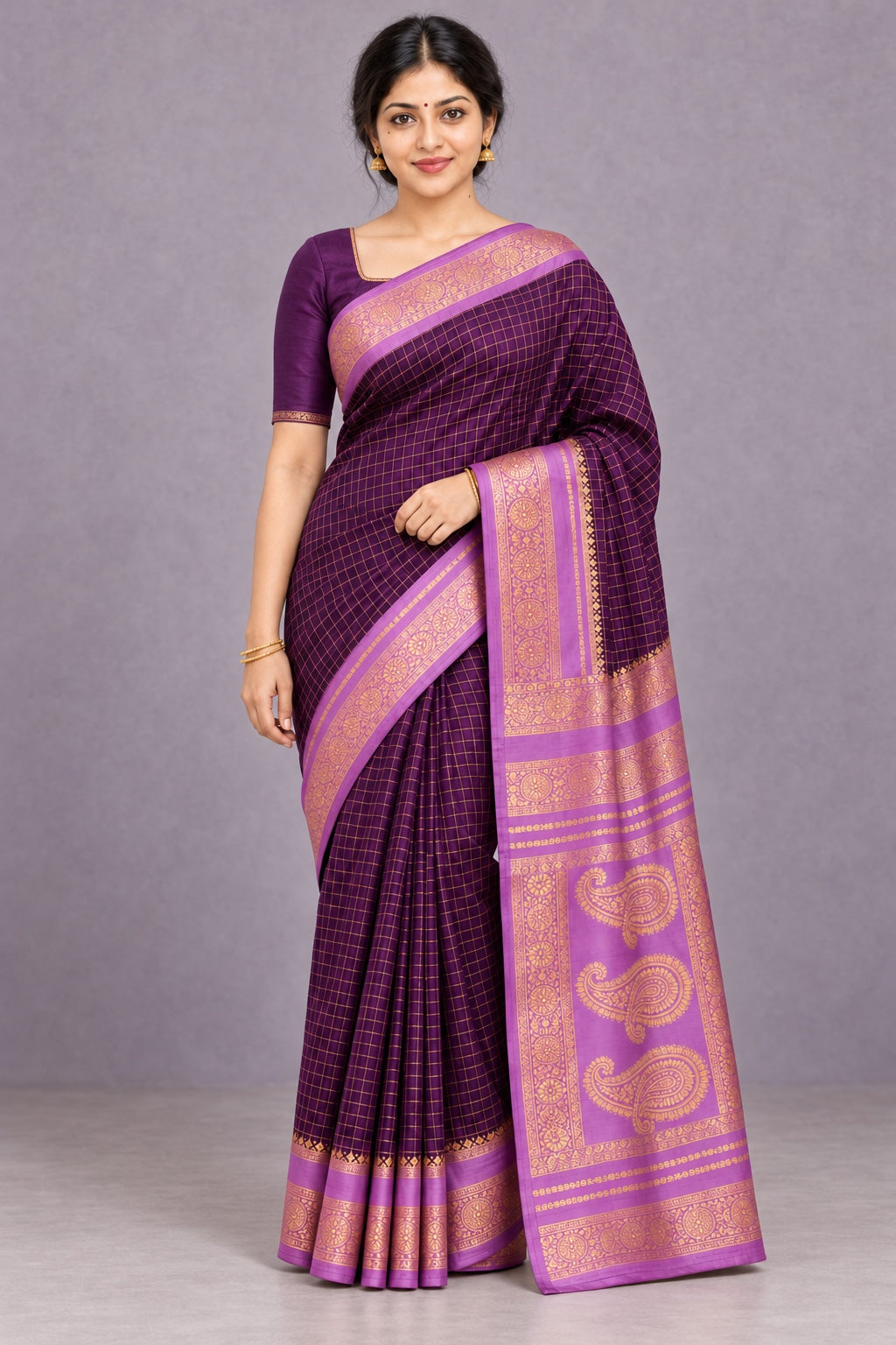 Deep Purple Checked Saree with Lavender Paisley Border – styled model photo