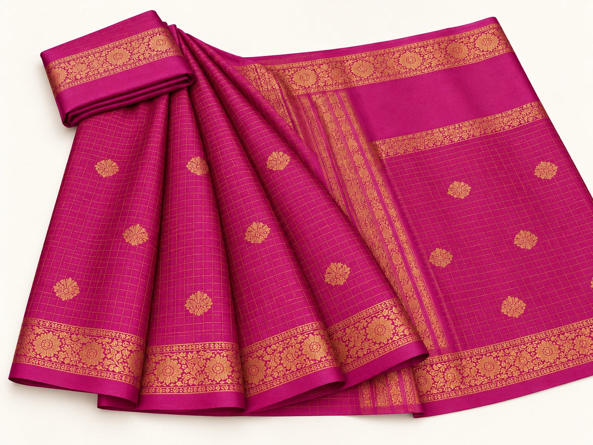 Rani Pink Checked Saree with Gold Floral Border – full view