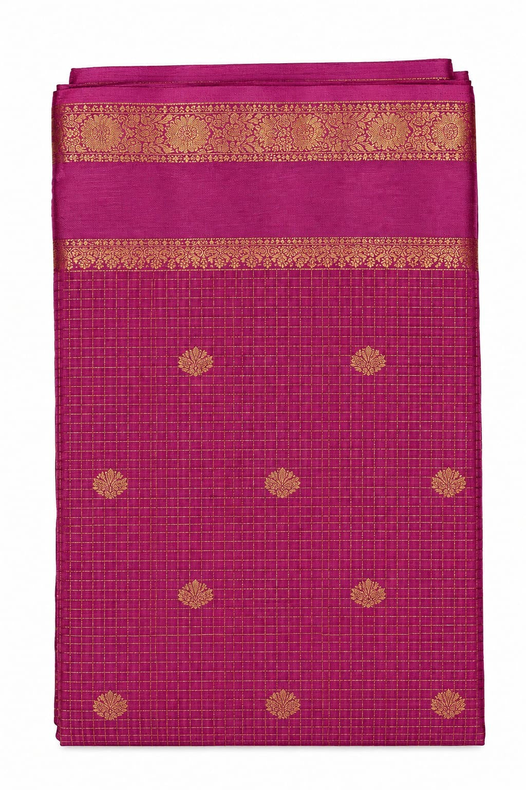 Rani Pink Checked Saree with Gold Floral Border – actual product photo