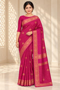 Rani Pink Checked Saree with Gold Floral Border – styled model photo