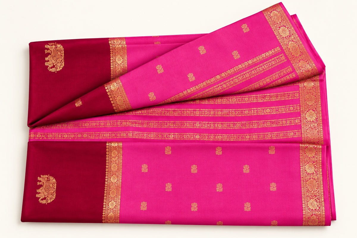 Hot Pink Butti Saree with Wine Elephant Pallu – full view