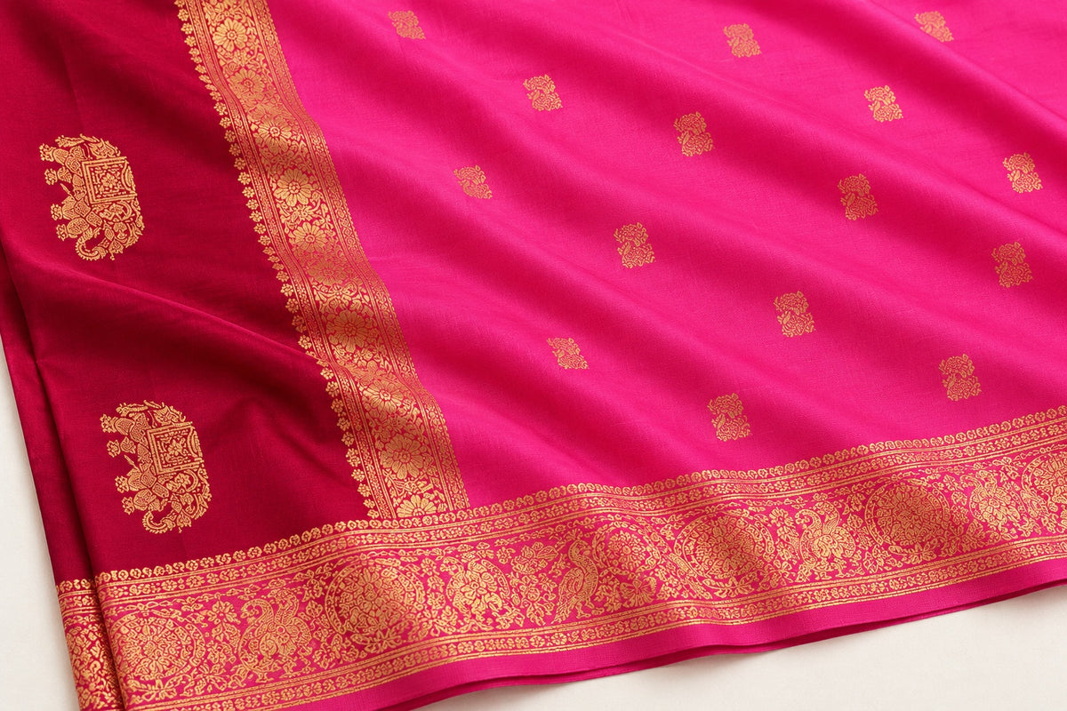 Hot Pink Butti Saree with Wine Elephant Pallu – border and motif detail
