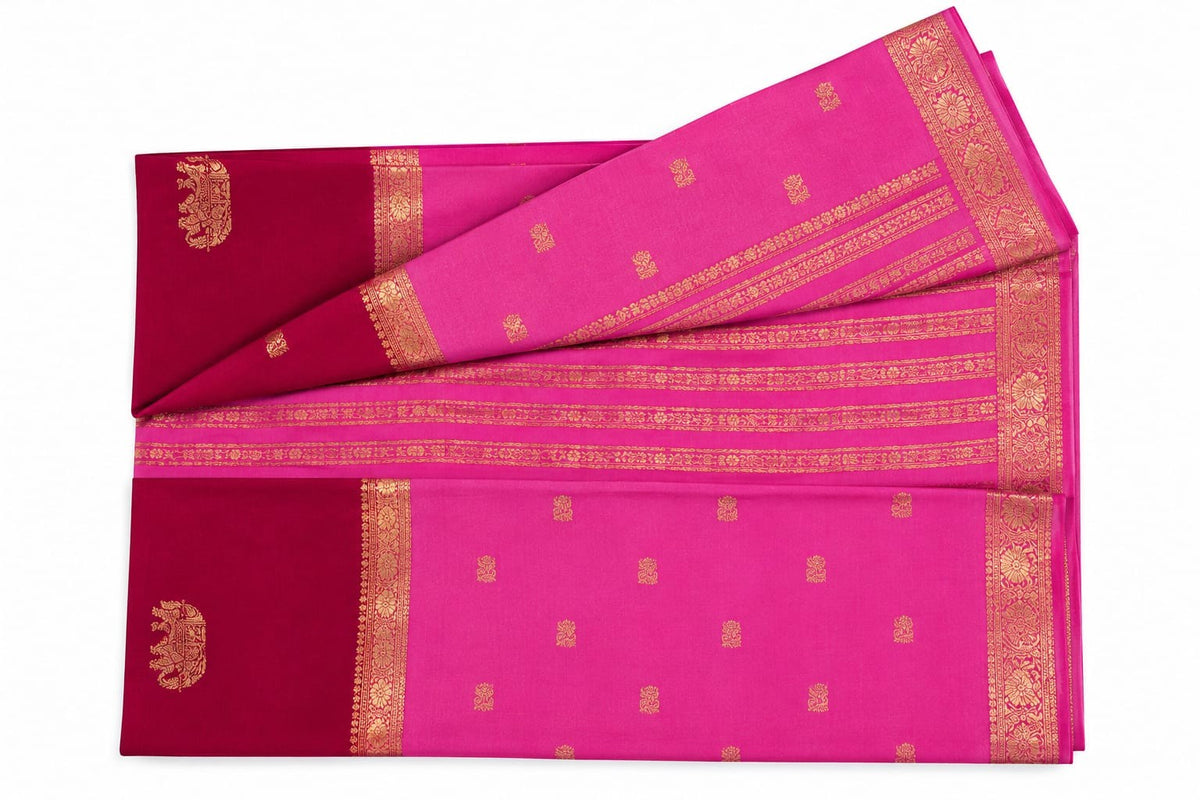 Hot Pink Butti Saree with Wine Elephant Pallu – actual product photo