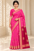 Hot Pink Butti Saree with Wine Elephant Pallu – corrected styled model photo