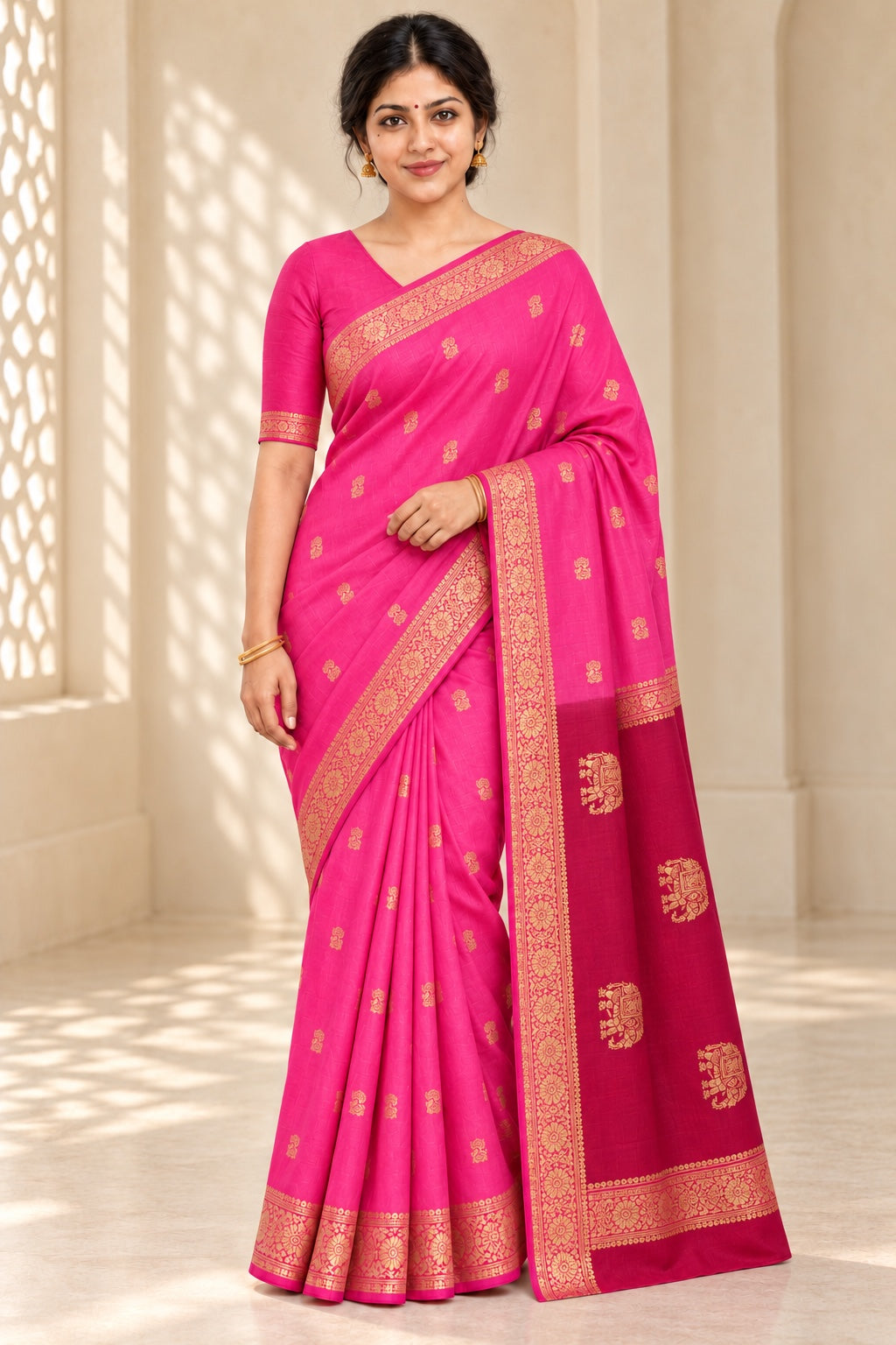 Hot Pink Butti Saree with Wine Elephant Pallu – corrected styled model photo