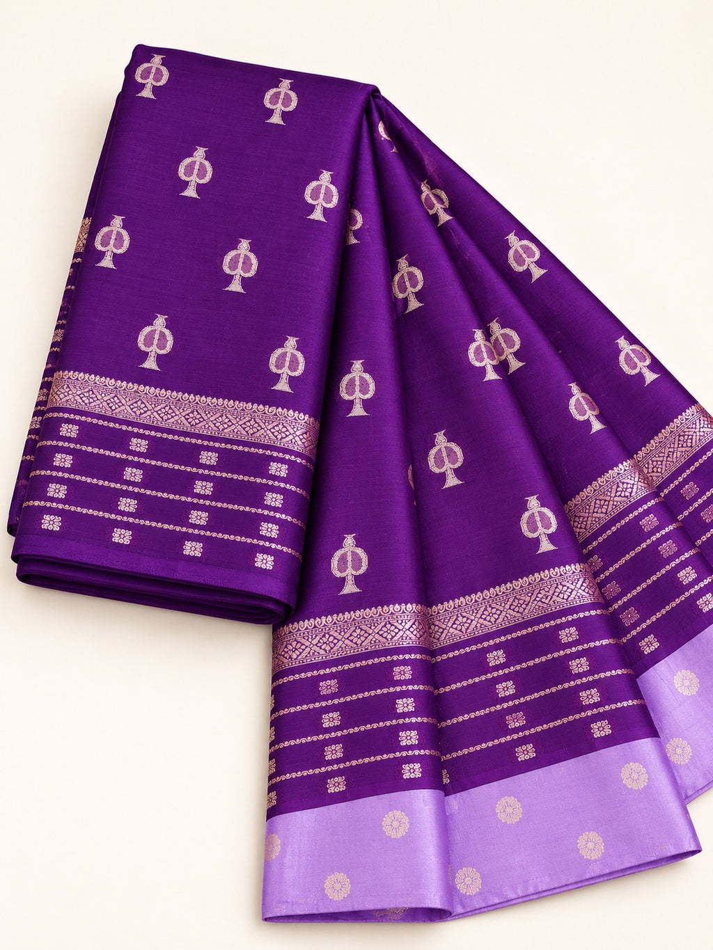 Royal Purple Saree with Silver Zari Motifs – full view
