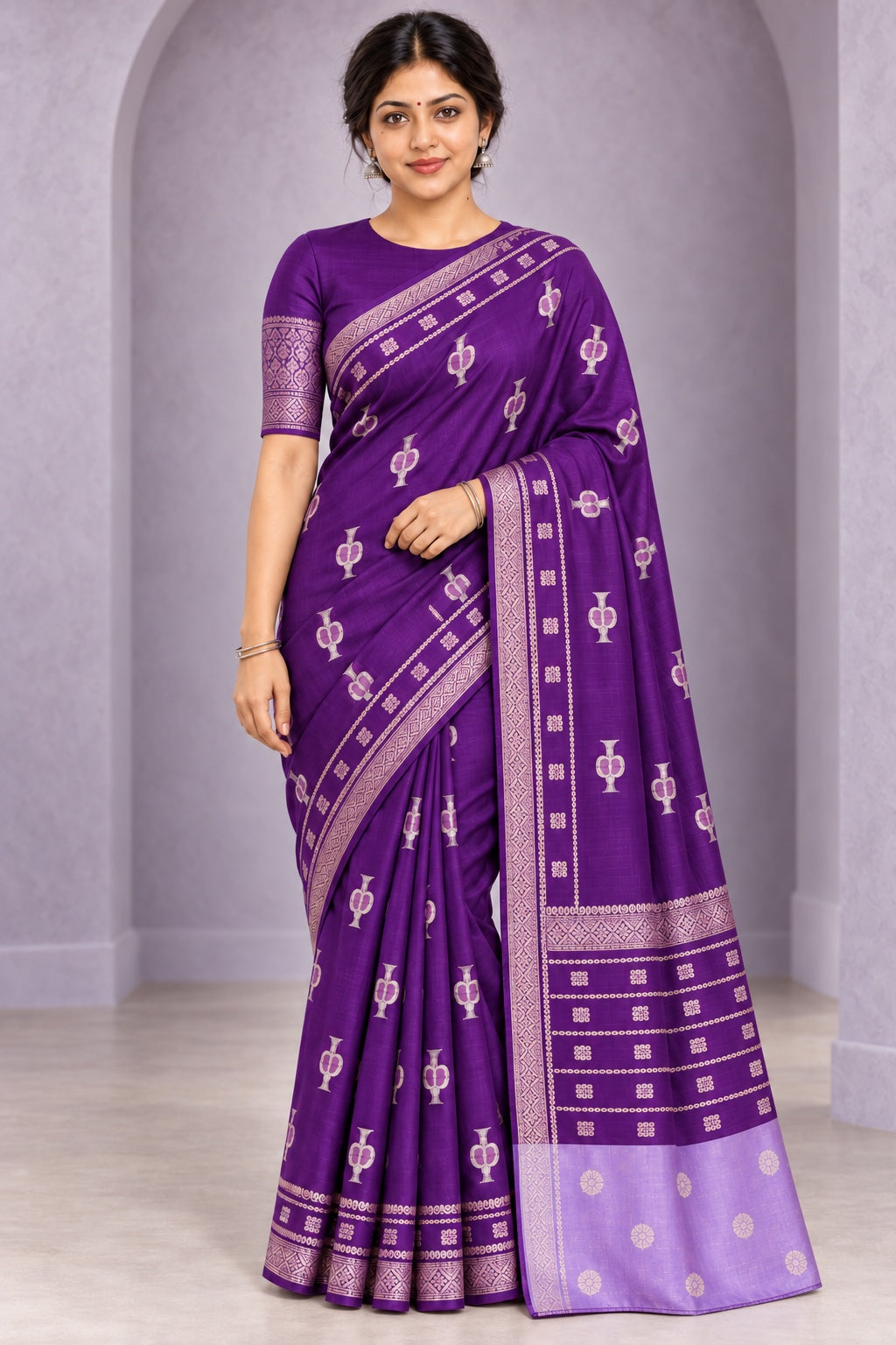 Royal Purple Saree with Silver Zari Motifs – corrected styled model photo