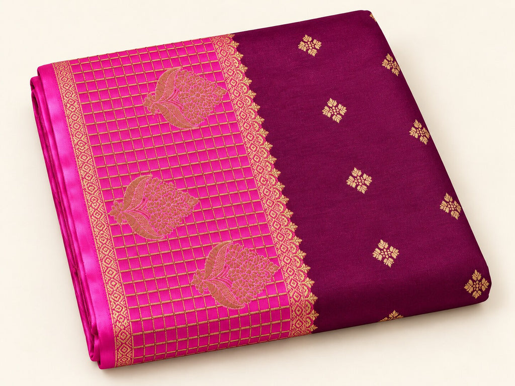 Rani Pink & Wine Plum Two-Tone Zari Saree – border and motif detail