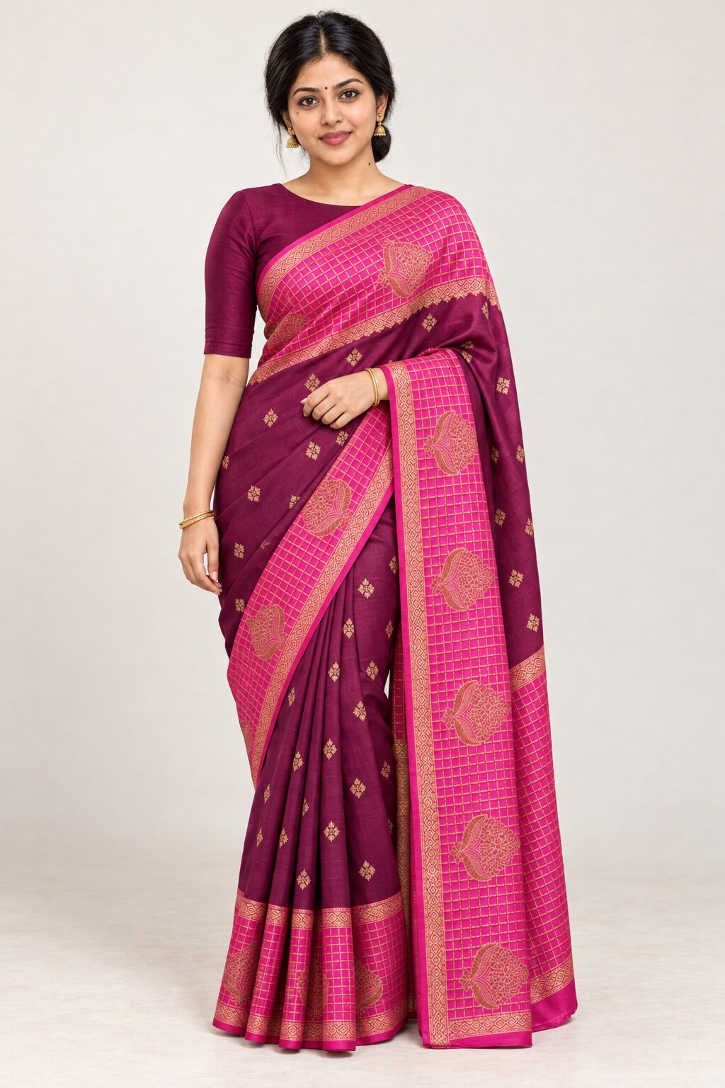 Rani Pink & Wine Plum Two-Tone Zari Saree – worn